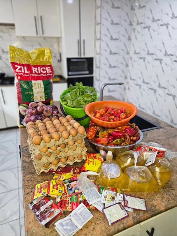 Rice, eggs, vegetables, and cooking supplies bought for a distribution
